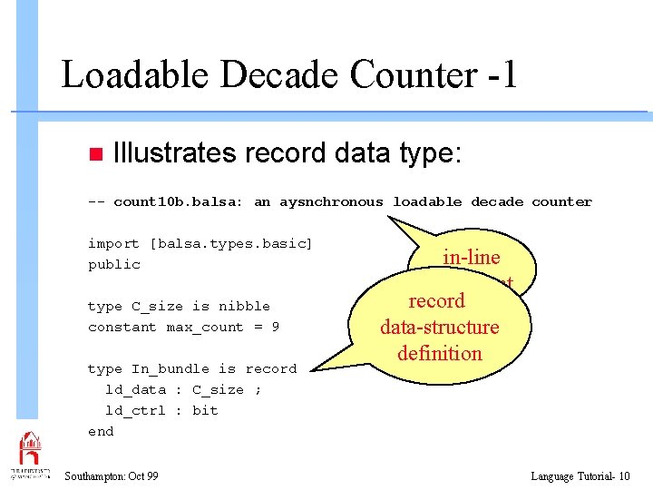 Loadable Decade Counter -1 n Illustrates record data type: -- count 10 b. balsa: