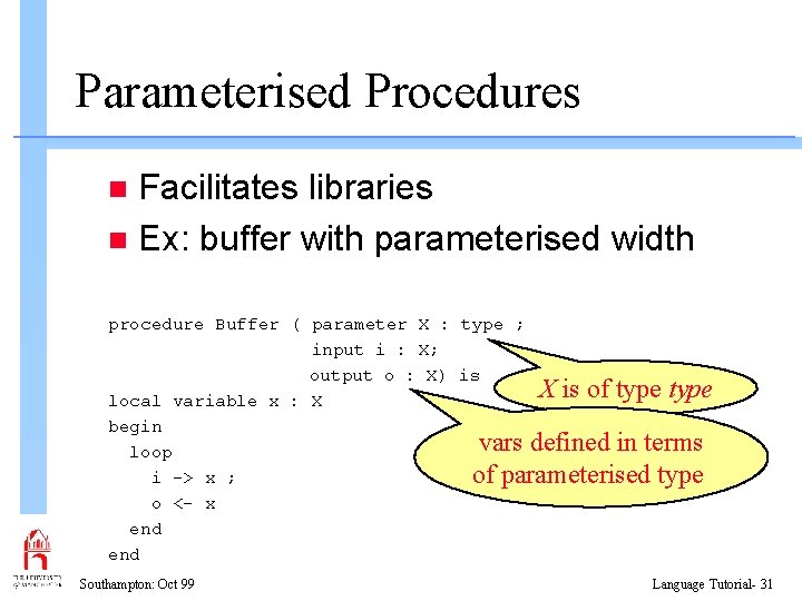 Parameterised Procedures Facilitates libraries n Ex: buffer with parameterised width n procedure Buffer (