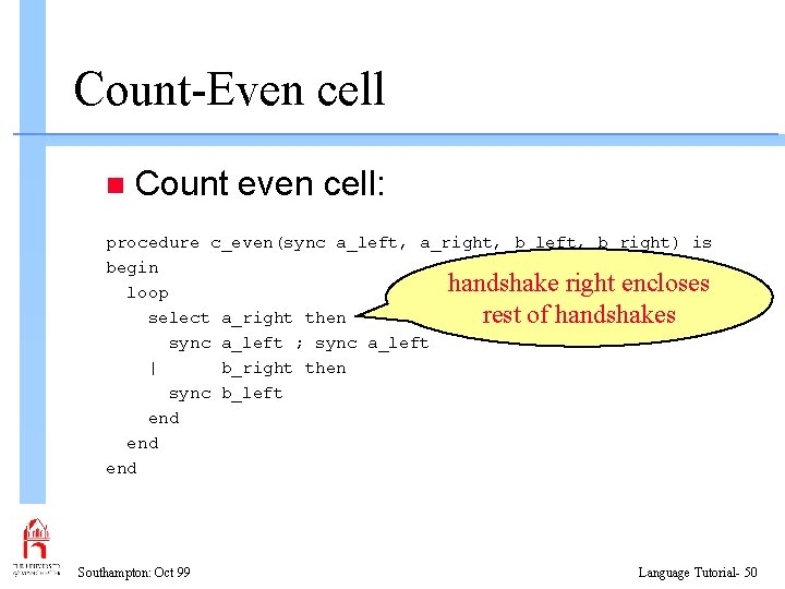 Count-Even cell n Count even cell: procedure c_even(sync a_left, a_right, b_left, b_right) is begin