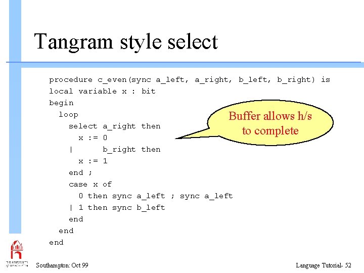 Tangram style select procedure c_even(sync a_left, a_right, b_left, b_right) is local variable x :