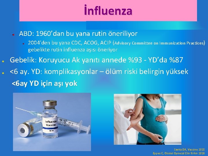 İnfluenza ABD: 1960’dan bu yana rutin öneriliyor 2004’den bu yana CDC, ACOG, ACIP (Advisory