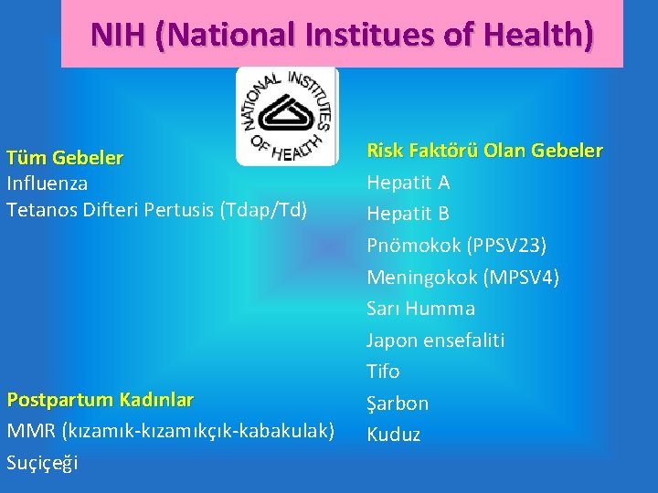 NIH (National Institues of Health) Tüm Gebeler Influenza Tetanos Difteri Pertusis (Tdap/Td) Postpartum Kadınlar