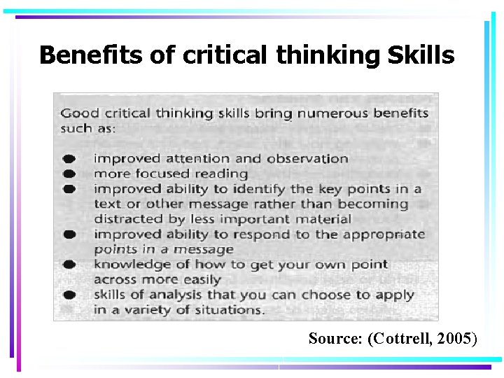 Benefits of critical thinking Skills Source: (Cottrell, 2005) 