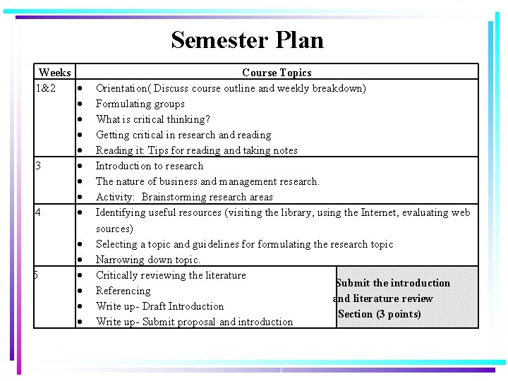 Semester Plan Weeks 1&2 3 4 5 Course Topics Orientation( Discuss course outline and