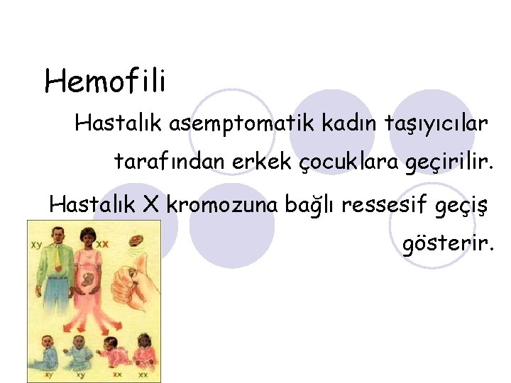 Hemofili Hastalık asemptomatik kadın taşıyıcılar tarafından erkek çocuklara geçirilir. Hastalık X kromozuna bağlı ressesif