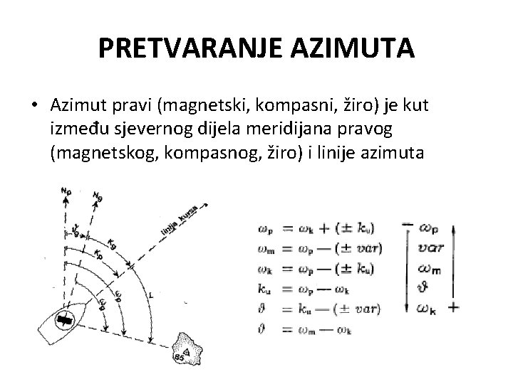 PRETVARANJE AZIMUTA • Azimut pravi (magnetski, kompasni, žiro) je kut između sjevernog dijela meridijana