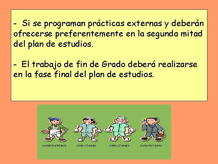 - Si se programan prácticas externas y deberán ofrecerse preferentemente en la segunda mitad