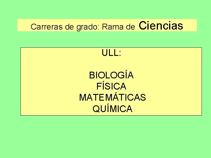 Carreras de grado: Rama de Ciencias ULL: BIOLOGÍA FÍSICA MATEMÁTICAS QUÍMICA 