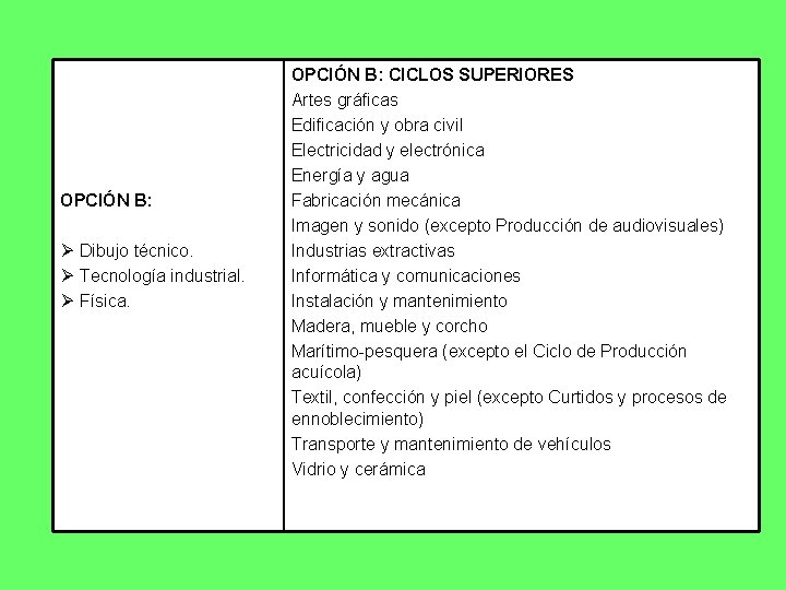 OPCIÓN B: Ø Dibujo técnico. Ø Tecnología industrial. Ø Física. OPCIÓN B: CICLOS SUPERIORES