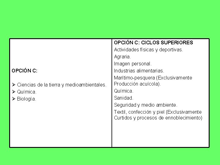 OPCIÓN C: Ø Ciencias de la tierra y medioambientales. Ø Química. Ø Biología. OPCIÓN