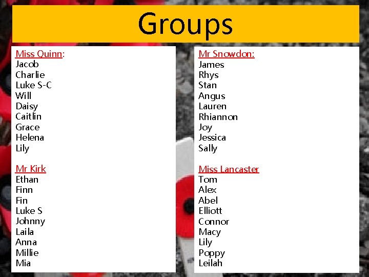 Groups Miss Quinn: Jacob Charlie Luke S-C Will Daisy Caitlin Grace Helena Lily Mr Groups Miss Quinn: Jacob Charlie Luke S-C Will Daisy Caitlin Grace Helena Lily Mr