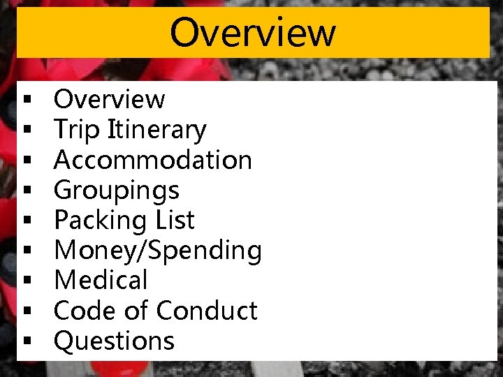 Overview § § § § § Overview Trip Itinerary Accommodation Groupings Packing List Money/Spending