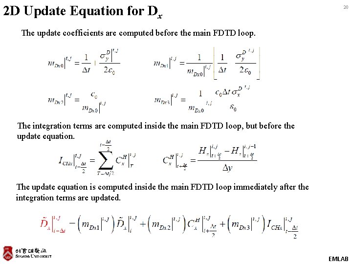 2 D Update Equation for Dx 20 The update coefficients are computed before the