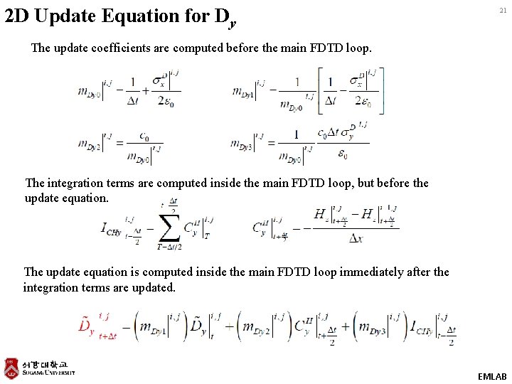 2 D Update Equation for Dy 21 The update coefficients are computed before the