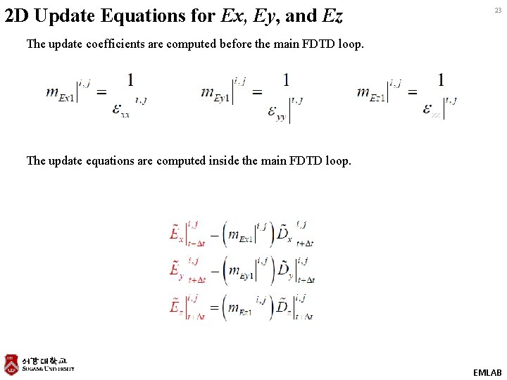2 D Update Equations for Ex, Ey, and Ez 23 The update coefficients are