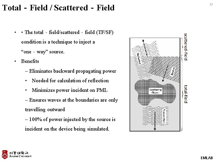 Total‐Field / Scattered‐Field 35 • • The total‐field/scattered‐field (TF/SF) condition is a technique to