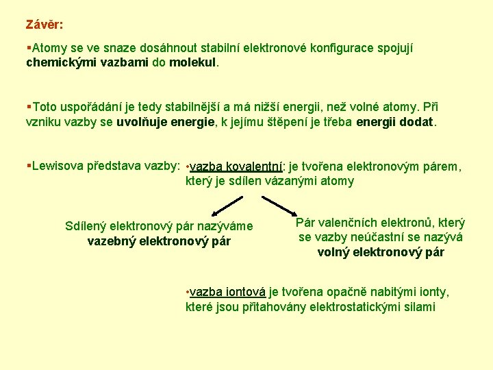 Závěr: §Atomy se ve snaze dosáhnout stabilní elektronové konfigurace spojují chemickými vazbami do molekul.