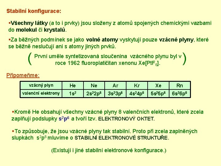 Stabilní konfigurace: §Všechny látky (a to i prvky) jsou složeny z atomů spojených chemickými