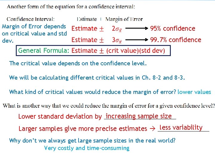 Margin of Error depends on critical value and std dev. 95% confidence 99. 7%