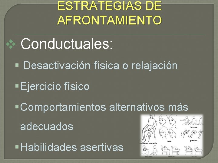 ESTRATEGIAS DE AFRONTAMIENTO v Conductuales: § Desactivación física o relajación § Ejercicio físico §