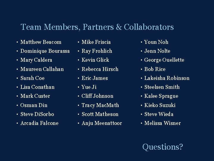 Team Members, Partners & Collaborators • Matthew Beacom • Mike Friscia • Youn Noh