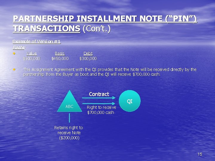PARTNERSHIP INSTALLMENT NOTE (“PIN”) TRANSACTIONS (Con’t. ) Example of Version #1 Facts: · Value