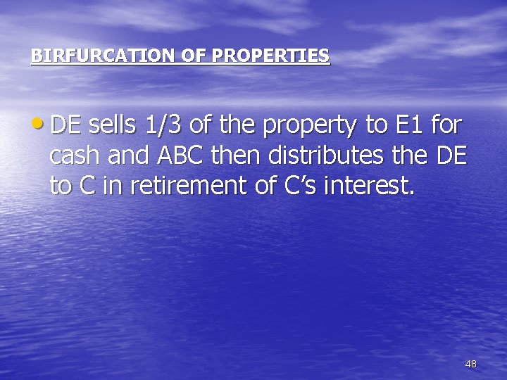 BIRFURCATION OF PROPERTIES • DE sells 1/3 of the property to E 1 for