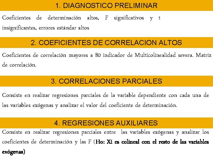 1. DIAGNOSTICO PRELIMINAR Coeficientes de determinación altos, F significativos y t insignificantes, errores estándar