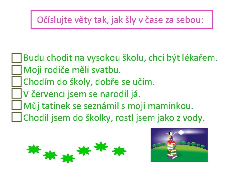 Očíslujte věty tak, jak šly v čase za sebou: Budu chodit na vysokou školu,