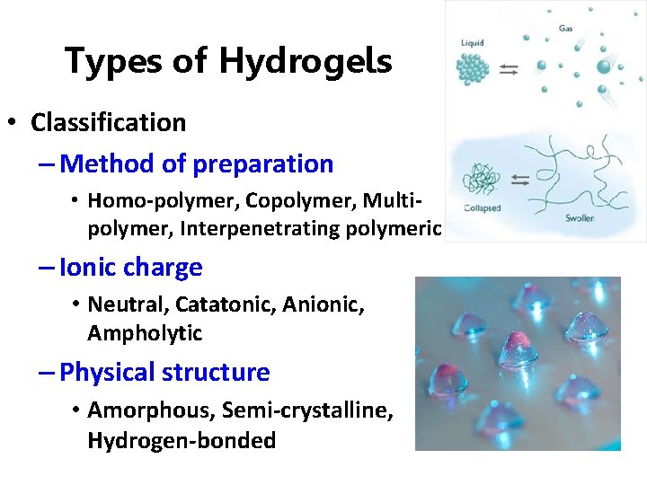 Types of Hydrogels • Classification – Method of preparation • Homo-polymer, Copolymer, Multipolymer, Interpenetrating