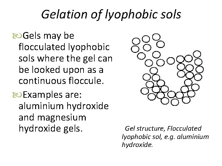 Gelation of lyophobic sols Gels may be flocculated lyophobic sols where the gel can