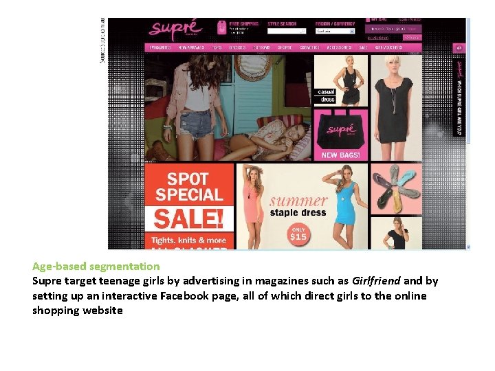 Age-based segmentation Supre target teenage girls by advertising in magazines such as Girlfriend and