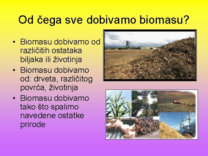 Od čega sve dobivamo biomasu? • Biomasu dobivamo od različitih ostataka biljaka ili životinja