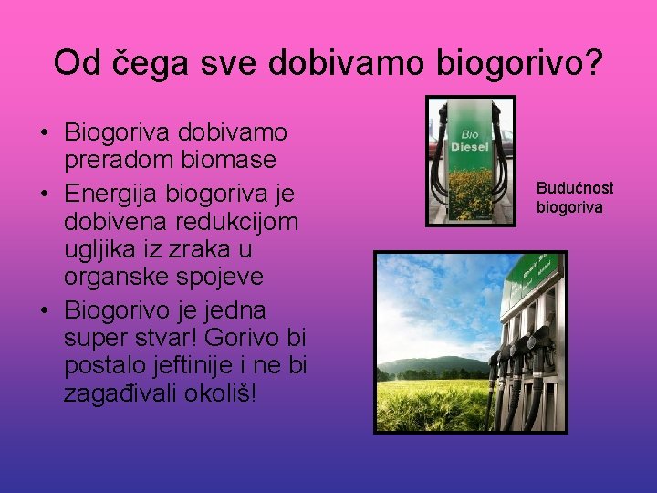 Od čega sve dobivamo biogorivo? • Biogoriva dobivamo preradom biomase • Energija biogoriva je