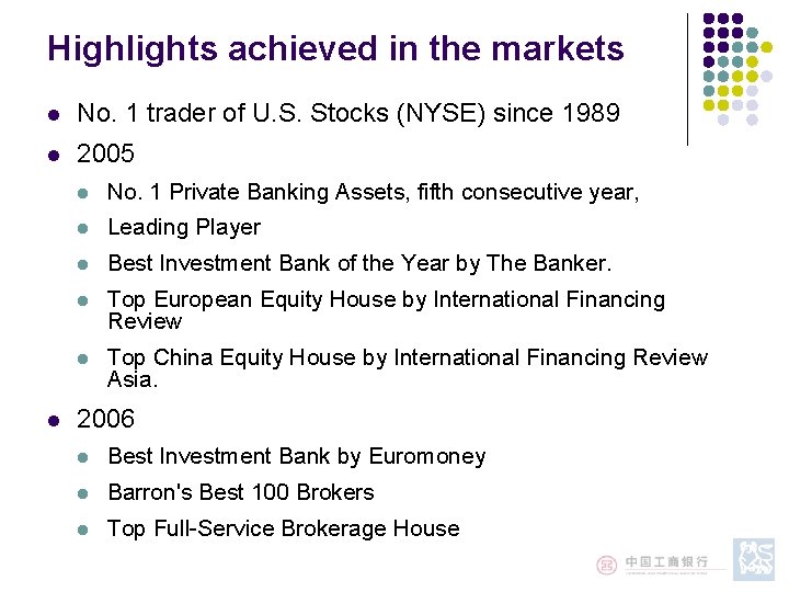Highlights achieved in the markets l No. 1 trader of U. S. Stocks (NYSE) Highlights achieved in the markets l No. 1 trader of U. S. Stocks (NYSE)