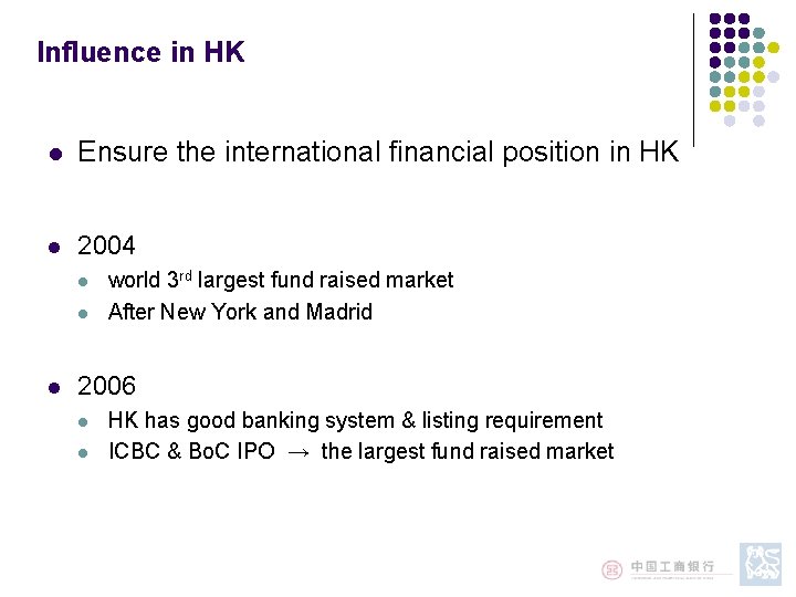 Influence in HK l Ensure the international financial position in HK l 2004 l Influence in HK l Ensure the international financial position in HK l 2004 l