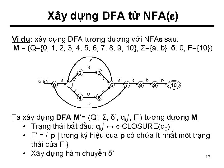 Xây dựng DFA từ NFA( ) Ví dụ: xây dựng DFA tương đương với