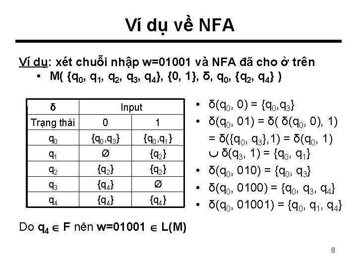 Ví dụ về NFA Ví dụ: xét chuỗi nhập w=01001 và NFA đã cho