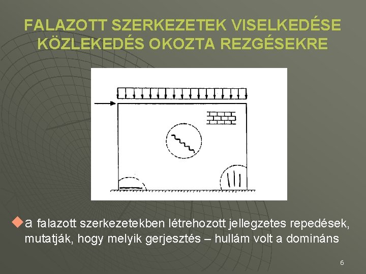 FALAZOTT SZERKEZETEK VISELKEDÉSE KÖZLEKEDÉS OKOZTA REZGÉSEKRE ua falazott szerkezetekben létrehozott jellegzetes repedések, mutatják, hogy