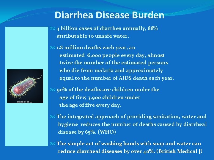 Diarrhea Disease Burden 4 billion cases of diarrhea annually, 88% attributable to unsafe water.