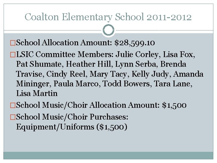 Coalton Elementary School 2011 -2012 �School Allocation Amount: $28, 599. 10 �LSIC Committee Members: