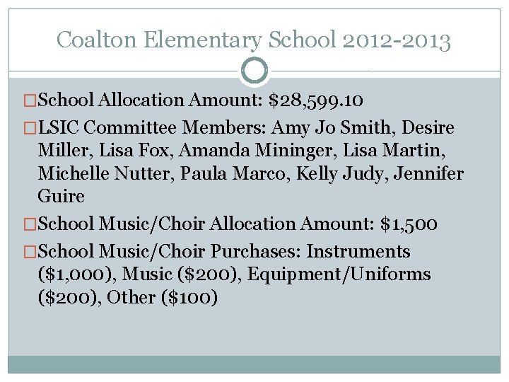 Coalton Elementary School 2012 -2013 �School Allocation Amount: $28, 599. 10 �LSIC Committee Members: