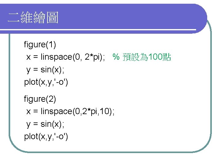 二維繪圖 figure(1) x = linspace(0, 2*pi); % 預設為 100點 y = sin(x); plot(x, y,