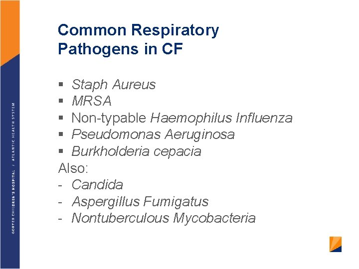 Common Respiratory Pathogens in CF Staph Aureus MRSA Non-typable Haemophilus Influenza Pseudomonas Aeruginosa Burkholderia
