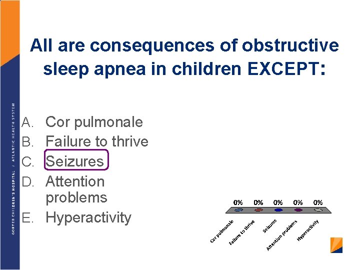 All are consequences of obstructive sleep apnea in children EXCEPT: Cor pulmonale Failure to