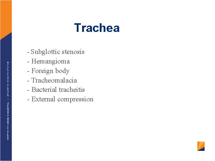 Trachea - Subglottic stenosis - Hemangioma - Foreign body - Tracheomalacia - Bacterial tracheitis