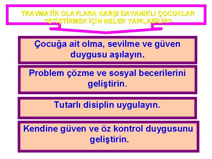 TRAVMATİK OLAYLARA KARŞI DAYANIKLI ÇOCUKLAR YETİŞTİRMEK İÇİN NELER YAPILABİLİR? Çocuğa ait olma, sevilme ve