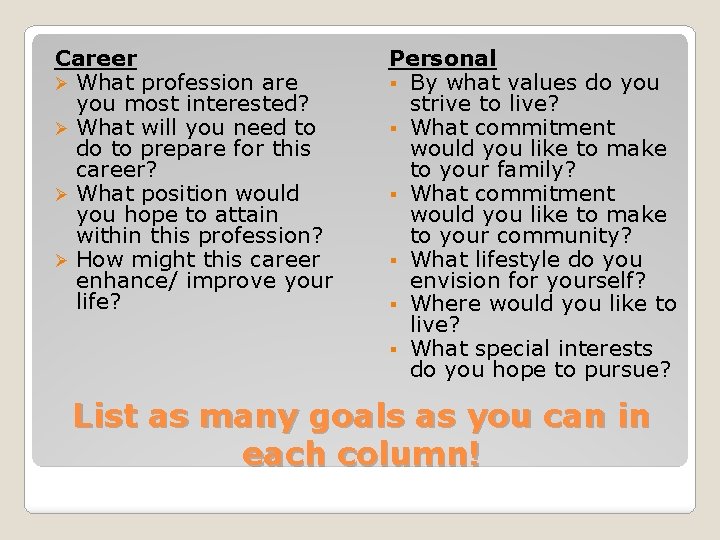 Career Ø What profession are you most interested? Ø What will you need to