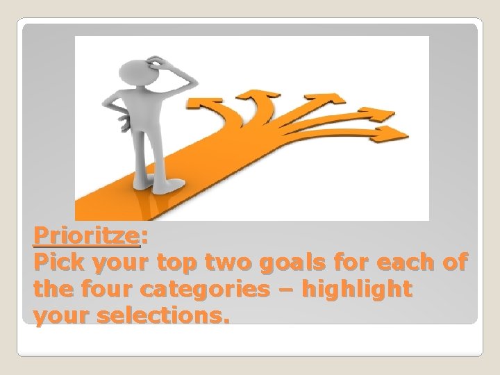 Prioritze: Pick your top two goals for each of the four categories – highlight