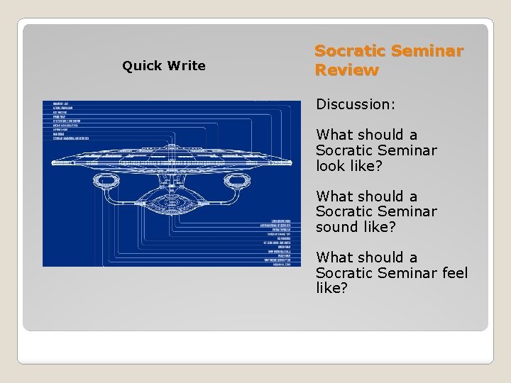 Quick Write Socratic Seminar Review Discussion: What should a Socratic Seminar look like? What